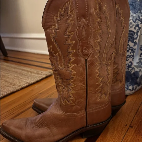 Old West LF1529 Women’s Tan Leather Heeled Cowboy Boots - Picture 3 of 7